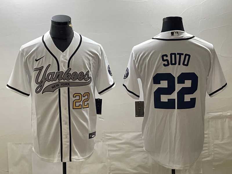 Men%27s New York Yankees #22 Juan Soto Number White With Patch Cool Base Stitched Baseball Jersey